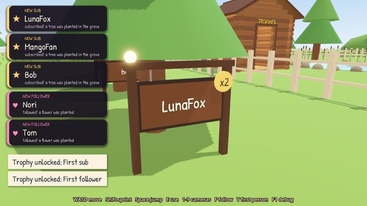 Sub cards with names on screen and a tree with a name sign